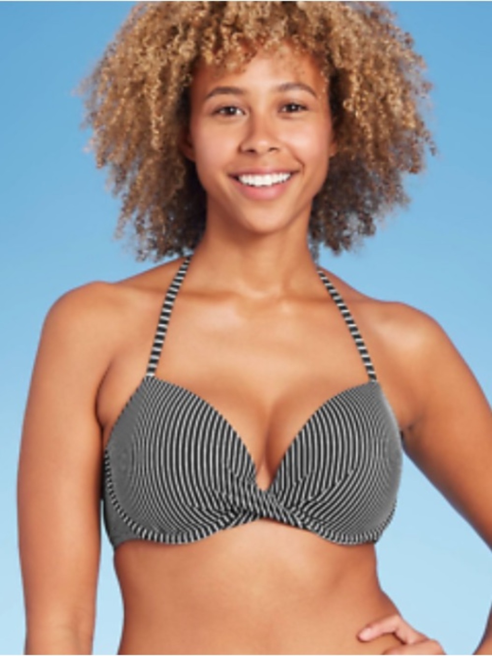 NWOT Shade & Shore Black and White Striped Halter Bikini Top